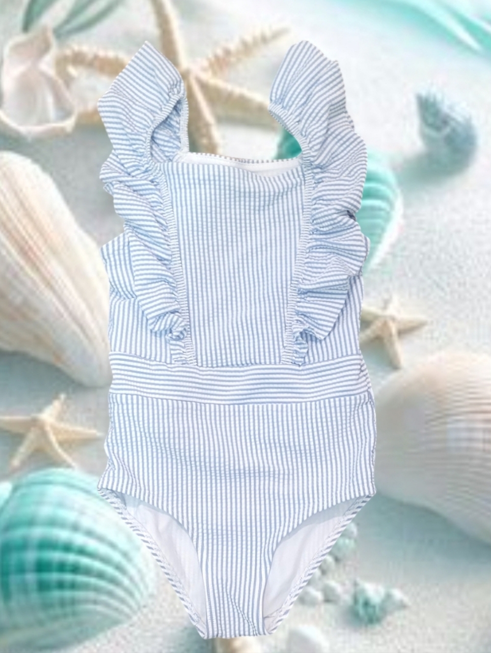 H&M Girl's Blue and White Striped One-Piece Seersucker Ruffle Strap Swimsuit
